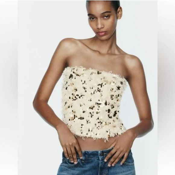 ZARA SEQUIN FEATHER CROP TOP - Picture 7 of 11
